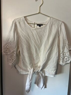 White Tie-Front Eyelet Sleeve Blouse